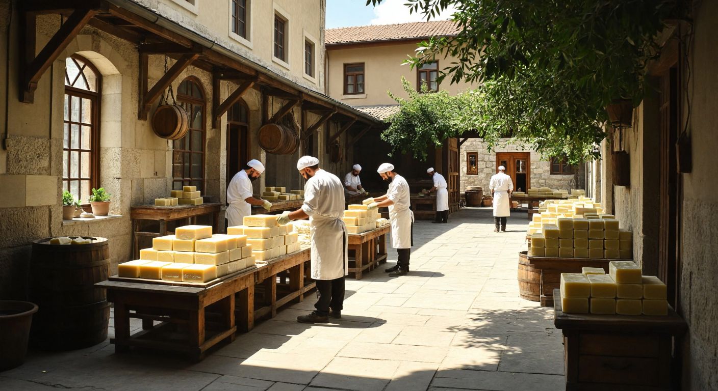 A traditional Turkish soap factory in Erzurum with stacked olive-oil soap bars, workers in white aprons, and a warm, sunlit courtyard reflecting the heritage of Evyap.