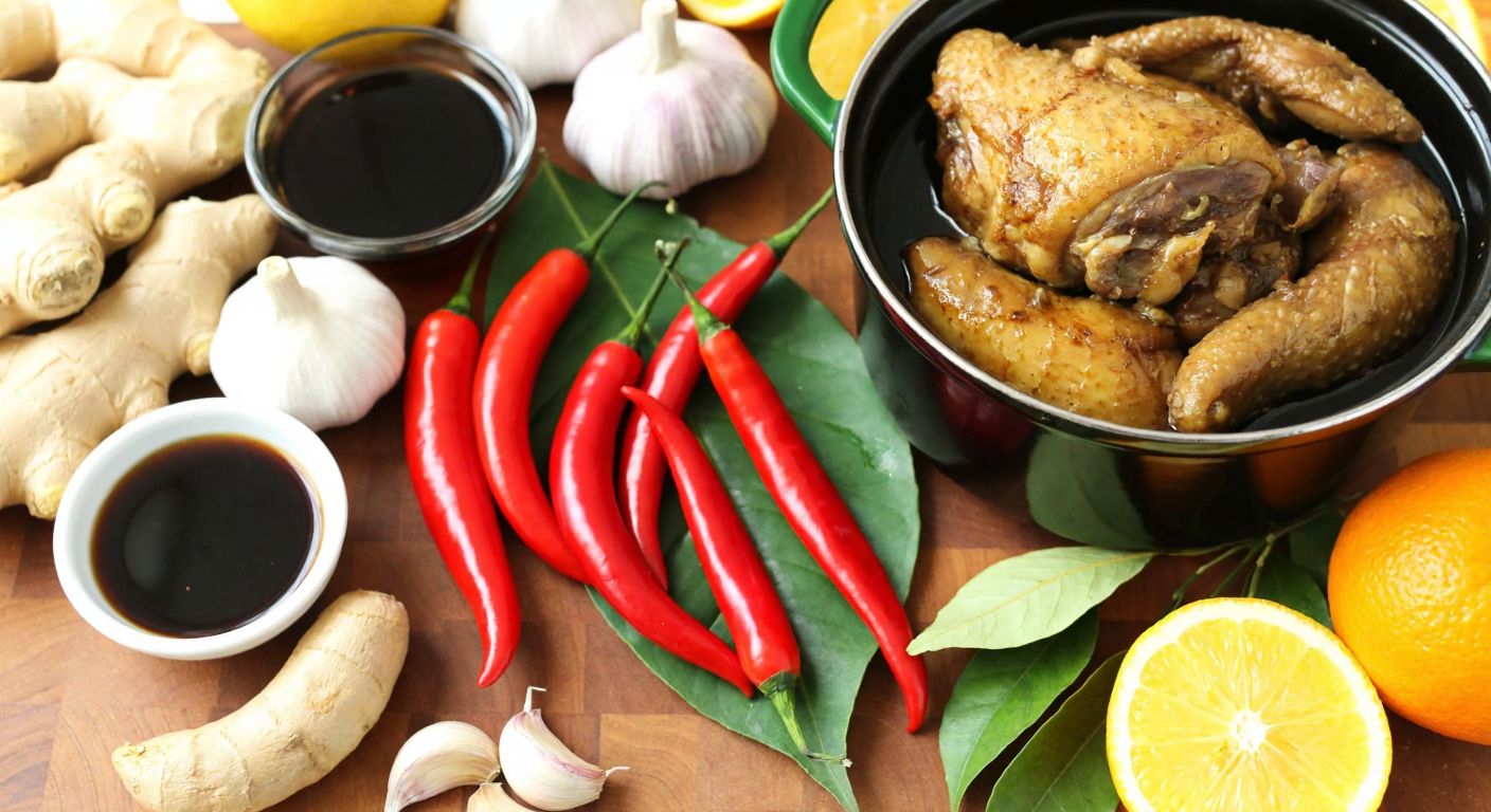 A vibrant Filipino kitchen countertop displays fresh ginger, garlic cloves, dark soy sauce, cane vinegar, red chili peppers, tamarind, bay leaves, and citrus fruits arranged around a steaming pot of adobo.