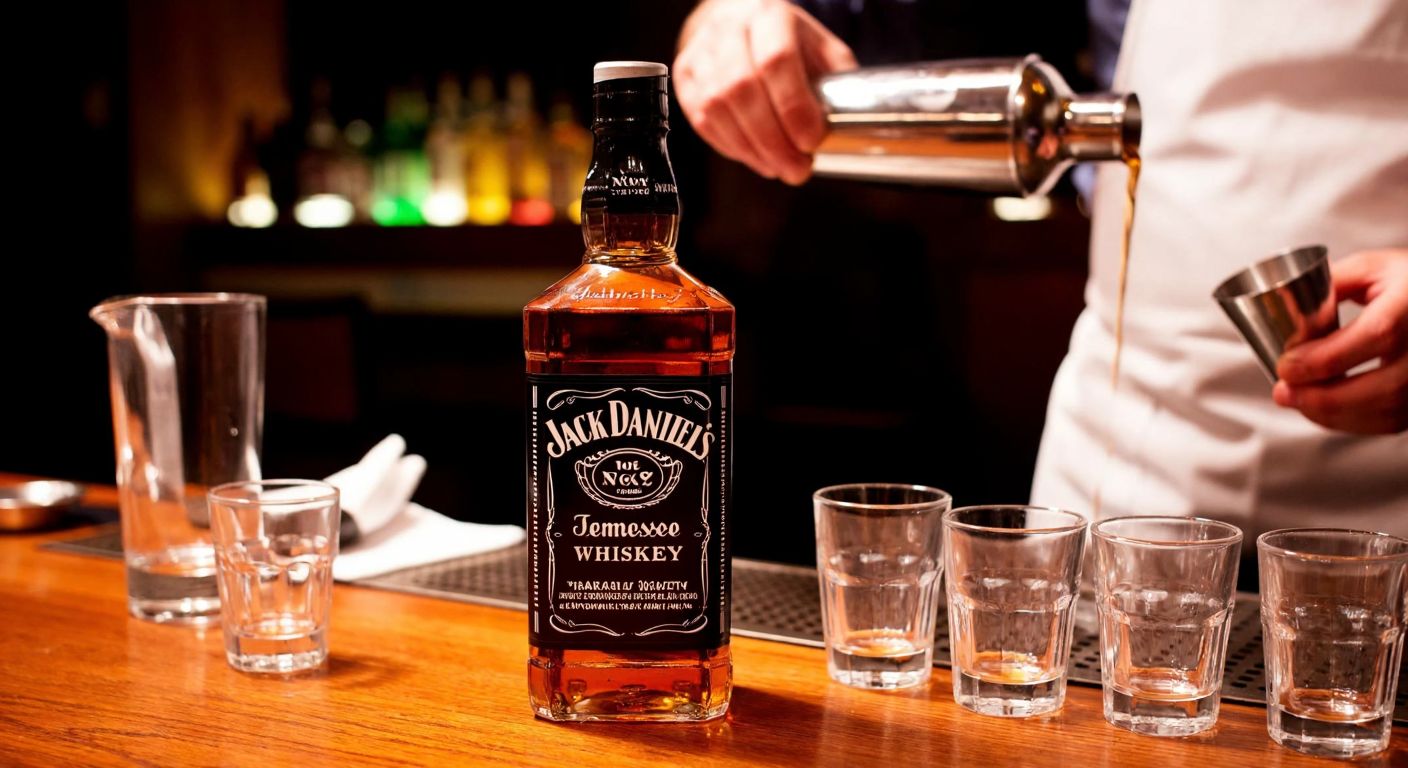 A full bottle of Jack Daniels whiskey sits on a wooden bar counter in a dimly lit Turkish meyhane, surrounded by small, empty glasses and a jigger, with a bartender in a white apron pouring a precise measure into one glass.