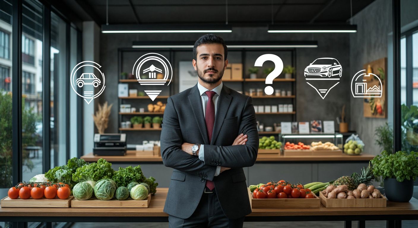A distinguished Turkish businessman in a sleek suit stands confidently in a modern office, surrounded by symbols of diverse industries like a car model, a bank logo, and fresh produce, while a faint question mark hovers over a small electronics shop outside the window.