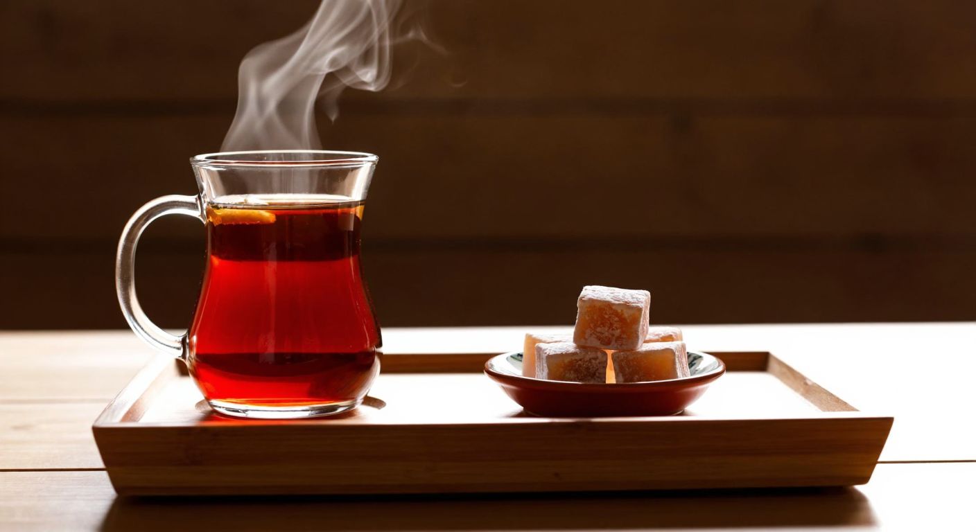 A traditional Turkish demlikli kupa with a wide mouth and thick walls, steaming with freshly brewed çay, resting on a wooden tray beside a small plate of Turkish delight, evoking warmth and comfort.