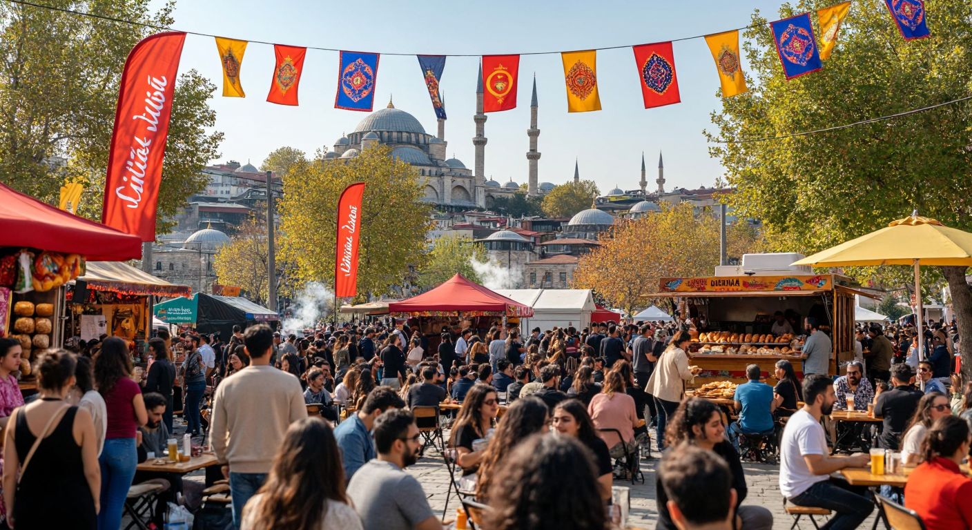 A vibrant outdoor festival in Istanbul with a diverse crowd enjoying live music, food stalls serving simit and çay, and colorful banners representing cultural events.