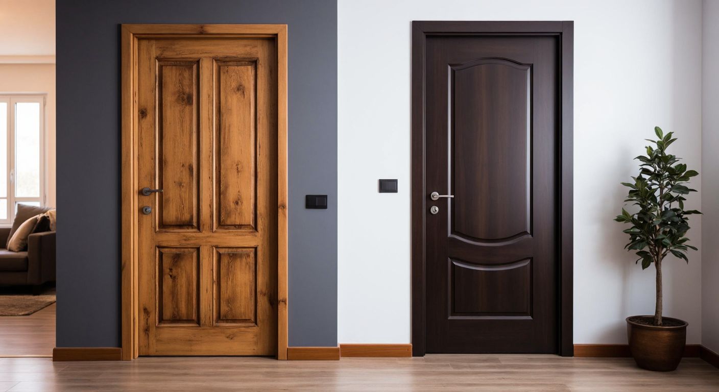 A warm Turkish home interior with two contrasting doors side by side—one a rustic wooden American panel door with visible grain and the other a sleek, glossy melamine door in a modern finish—while a thoughtful homeowner examines them with curiosity.