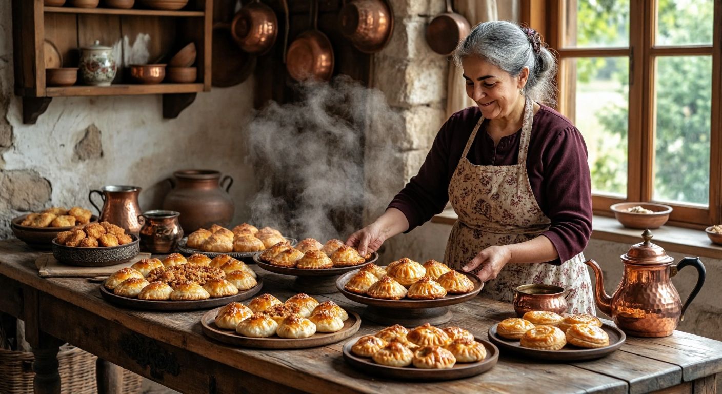 A rustic wooden table in a cozy Sivas home is laden with golden-brown Sivas katmer, steaming hingel dumplings, flaky kete pastries, and sweet kömbe, while a smiling elderly woman in a traditional apron places a fresh tray of baked goods beside a copper tea set.