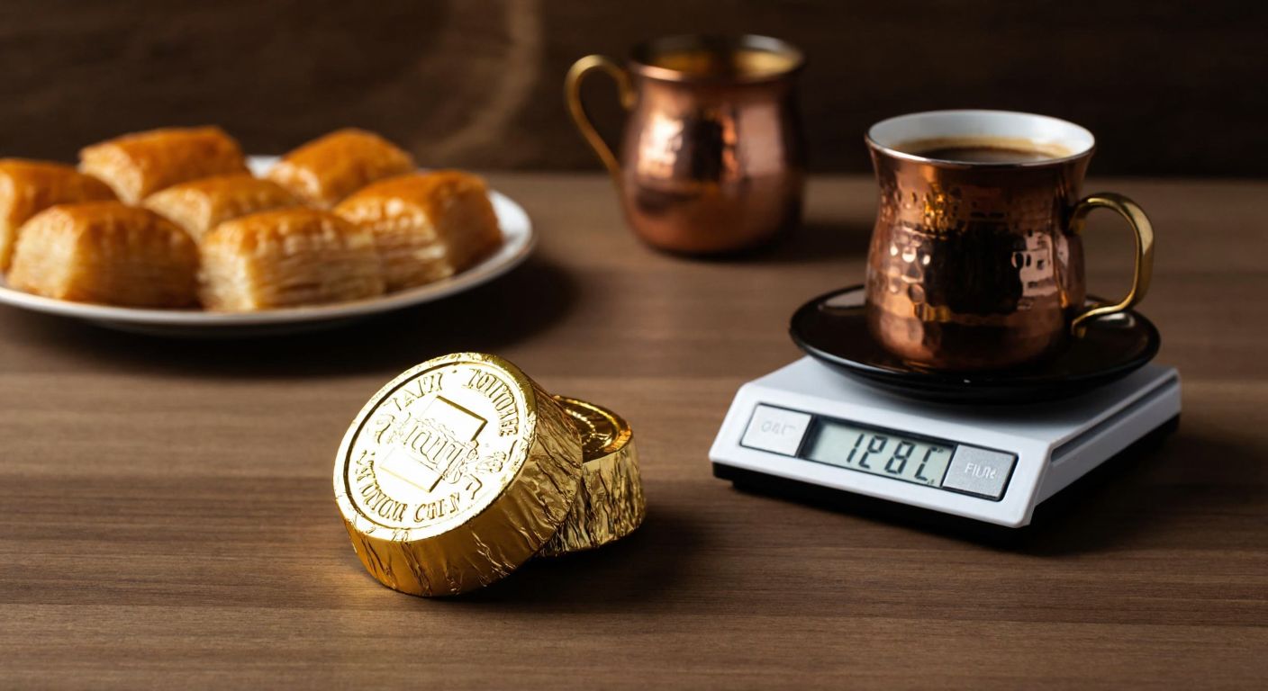 A golden foil-wrapped chocolate coin rests on a wooden table beside a small kitchen scale showing its weight, with a warm Turkish coffee cup and baklava in the background.