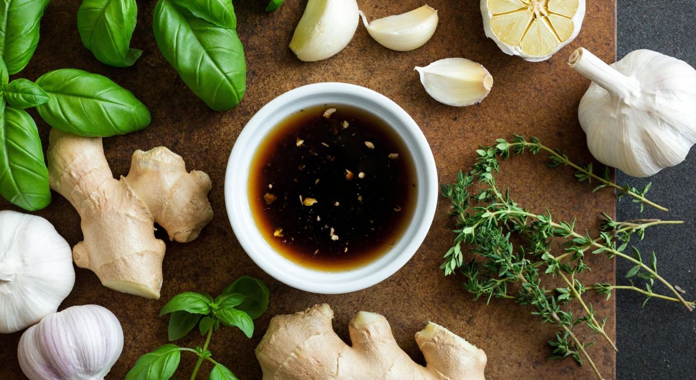 A rustic Turkish kitchen counter with a small bowl of dark oyster sauce surrounded by fresh garlic cloves, ginger root, sprigs of thyme, and basil leaves, evoking warmth and culinary tradition.