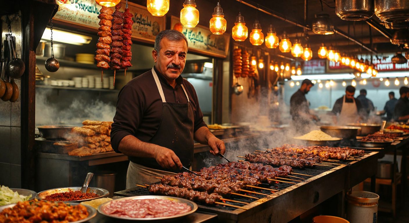 A bustling Turkish kebab restaurant with a middle-aged man, Sebahattin Canbolat, proudly grilling skewered meat over glowing charcoal, surrounded by the warm glow of hanging lanterns and the aroma of spices.