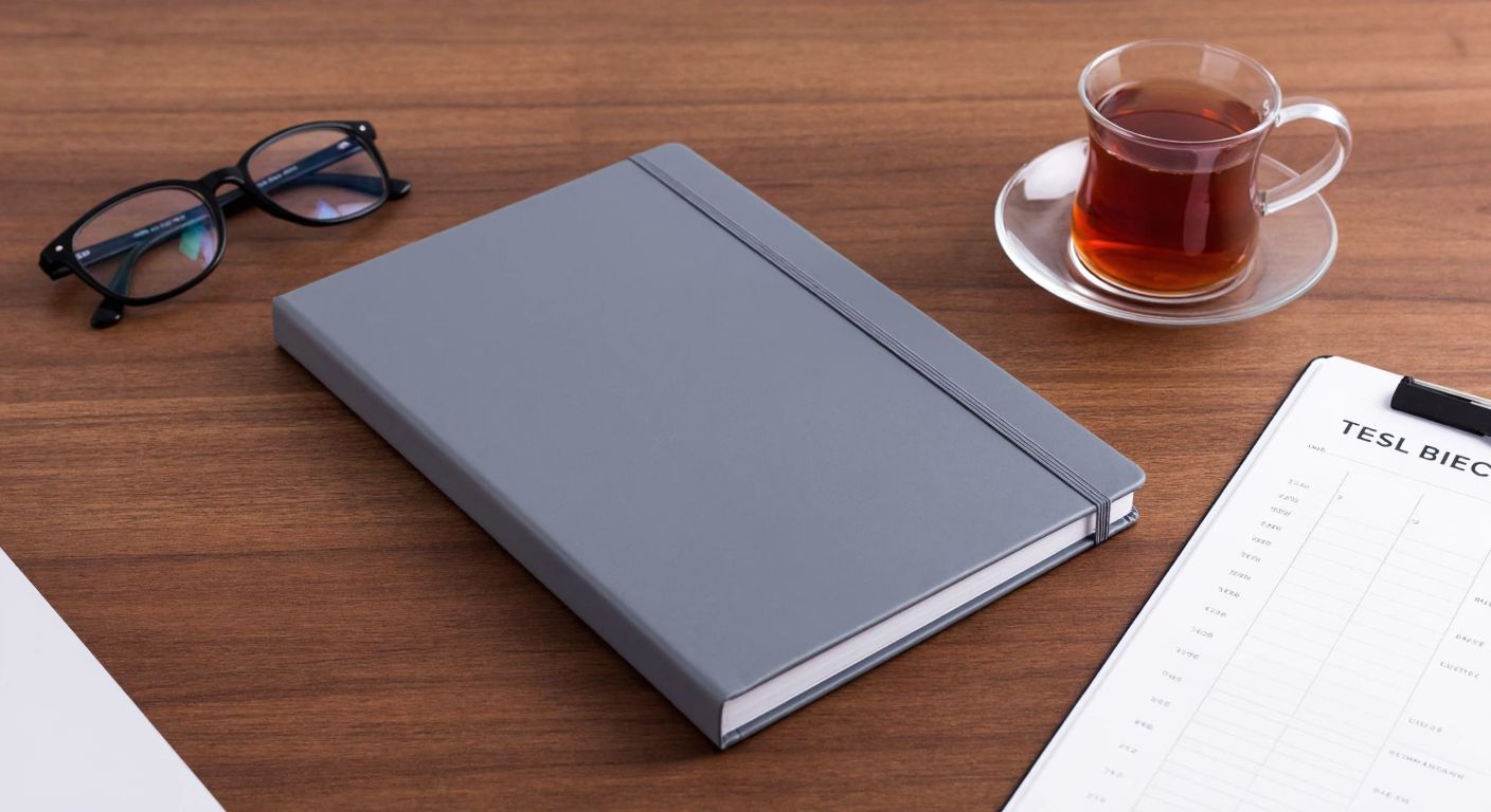 A sleek gray notebook with 128 crisp white pages lies open on a wooden desk, surrounded by a neatly arranged planner, a steaming cup of Turkish tea, and a pair of reading glasses.