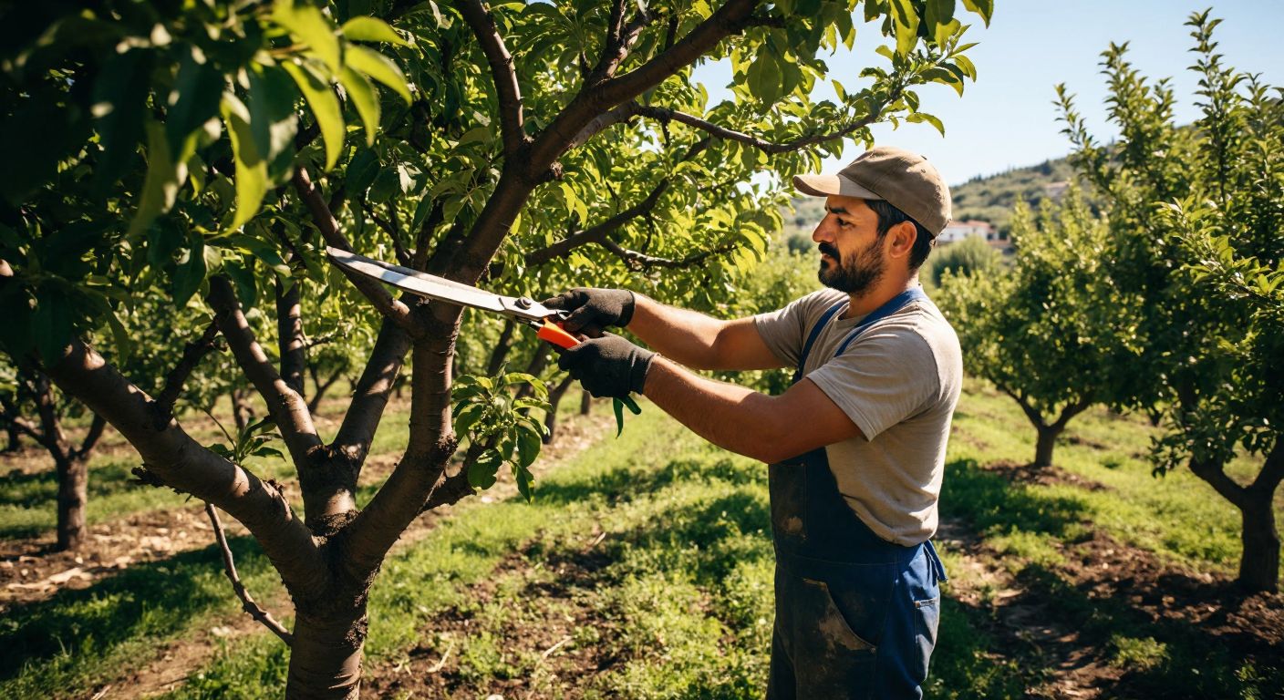 A Turkish gardener in a sunlit orchard carefully trims a fruit tree with sturdy pruning shears, surrounded by neatly cut branches and vibrant green leaves.