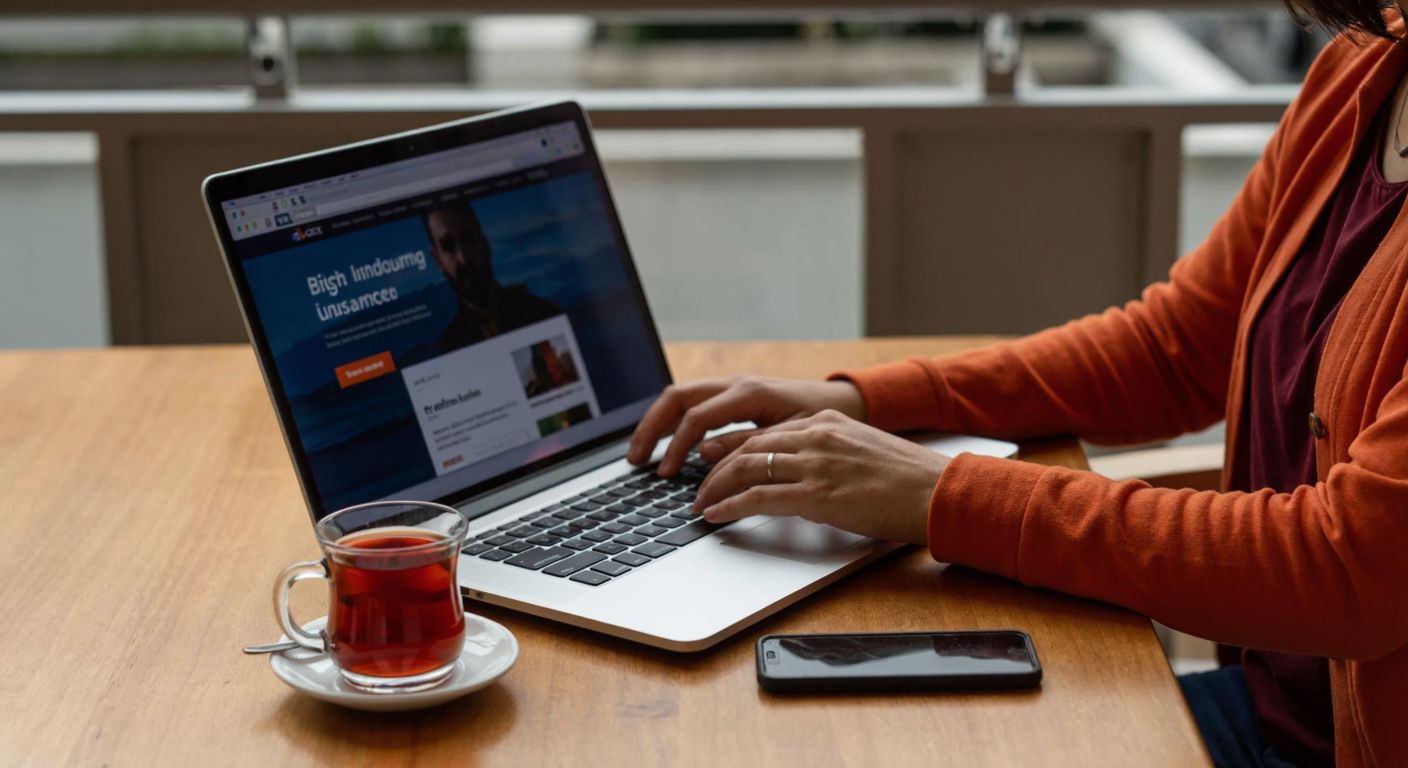 A Turkish person in casual attire sits at a wooden table with a laptop open to a bright insurance website, their fingers hovering over the keyboard while a steaming cup of çay rests beside them.