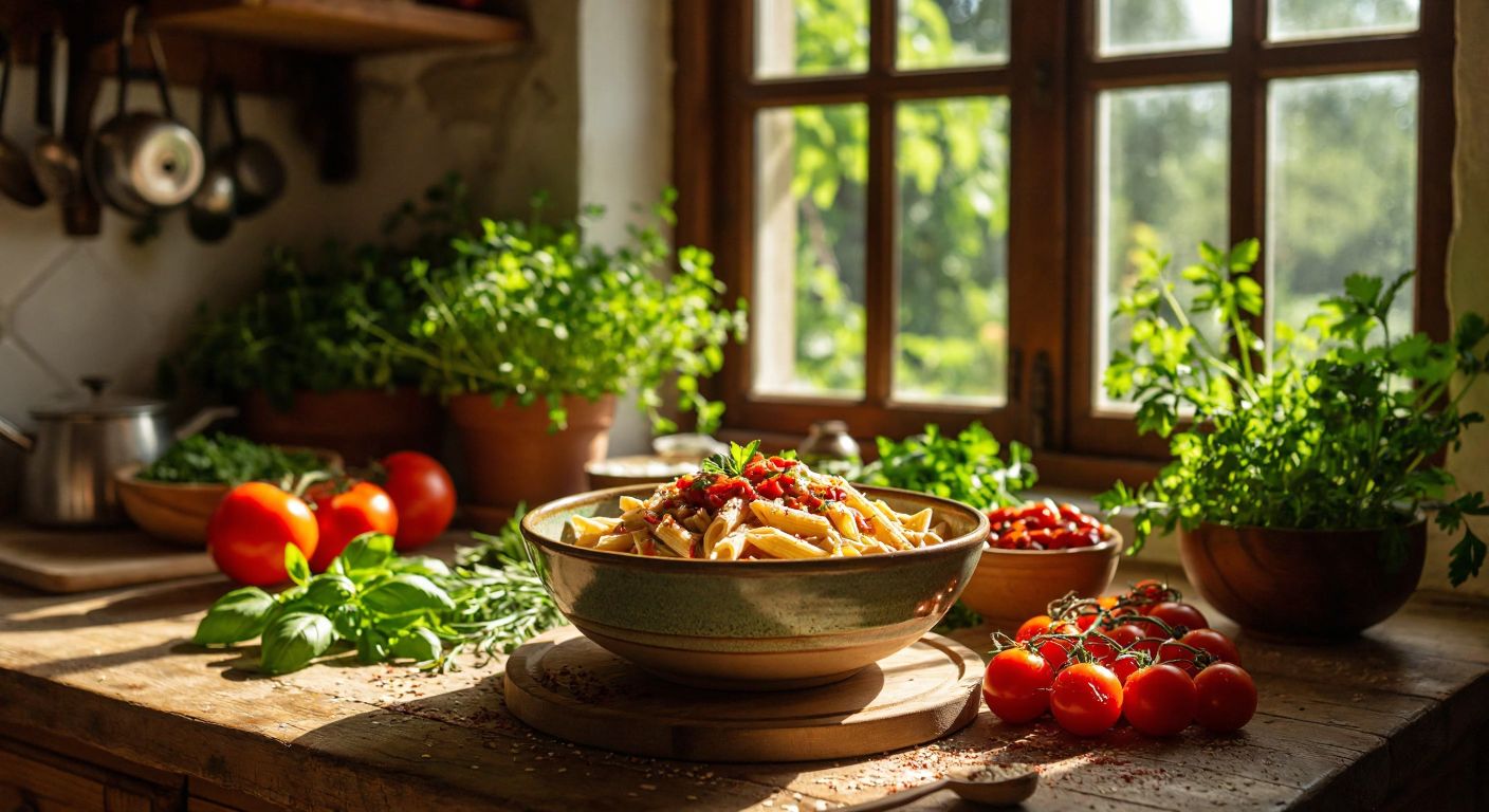 A warm bowl of oat-based pasta sits on a rustic wooden table in a Turkish kitchen, surrounded by fresh vegetables and herbs, with sunlight streaming through the window.