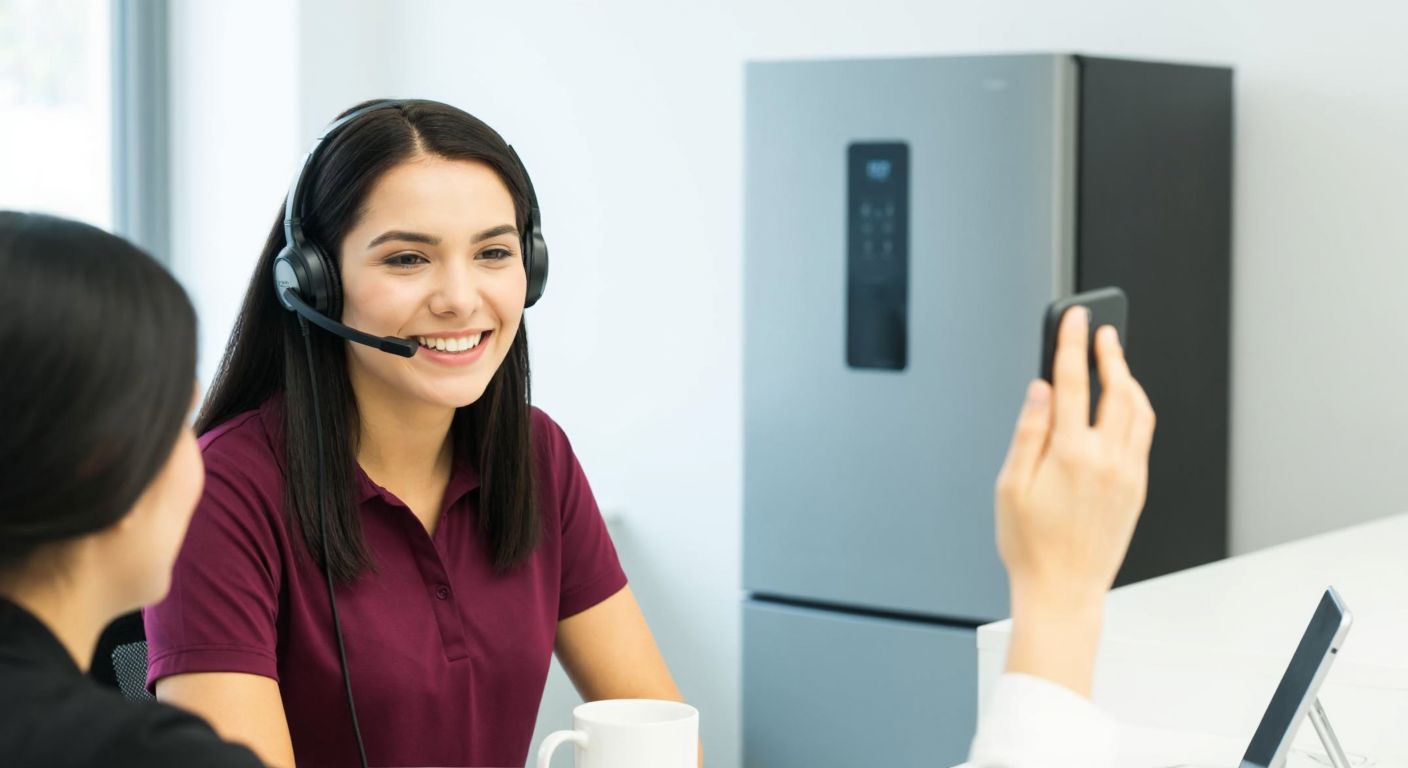 A cheerful Turkish customer service representative in a bright, modern call center wearing a headset, smiling while assisting a customer over the phone, with a sleek Profilo-branded appliance visible in the background.