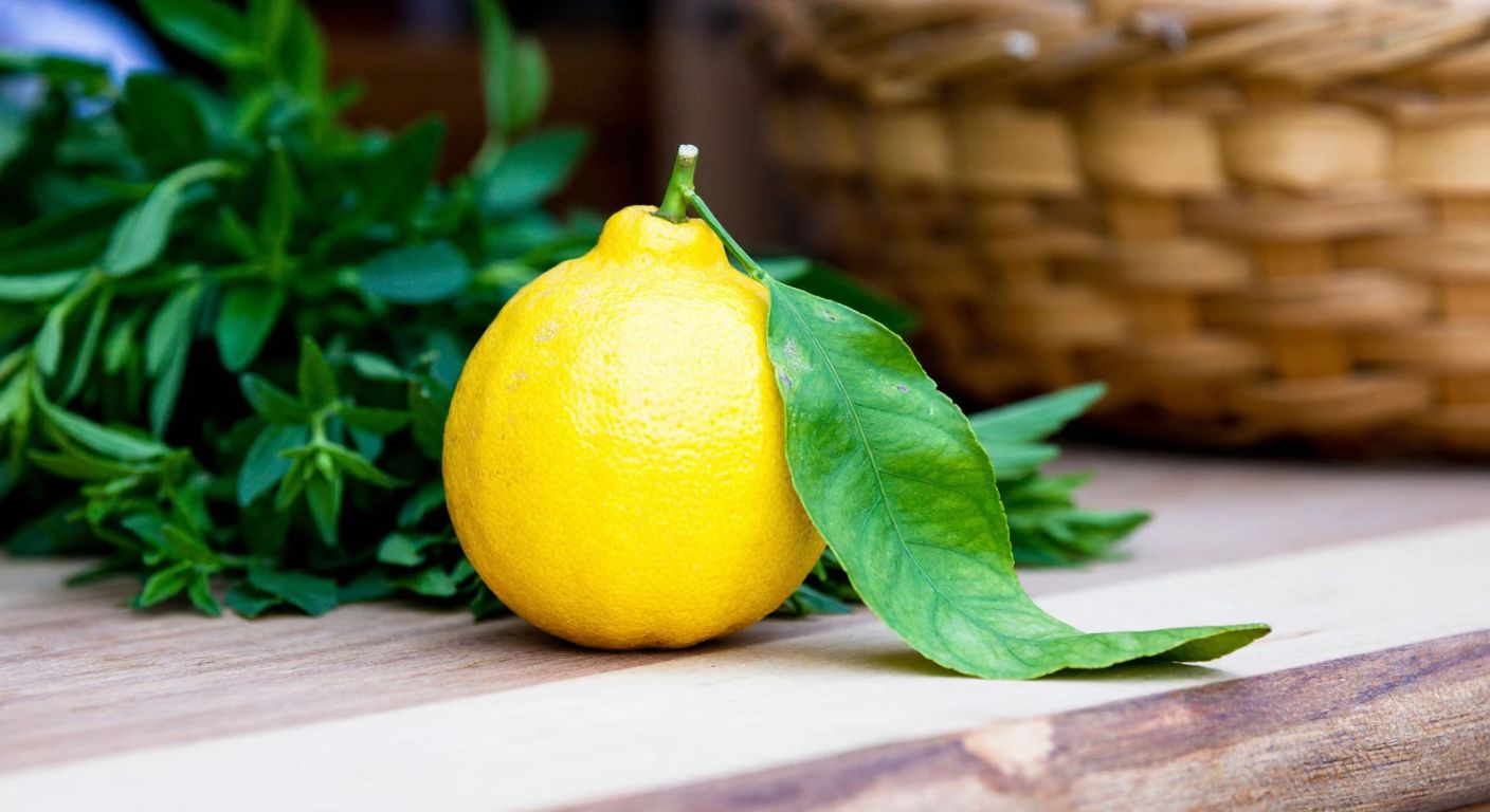 A vibrant yellow lemon with a green leaf, resting on a wooden table in a Turkish market, surrounded by fresh herbs and a woven basket.