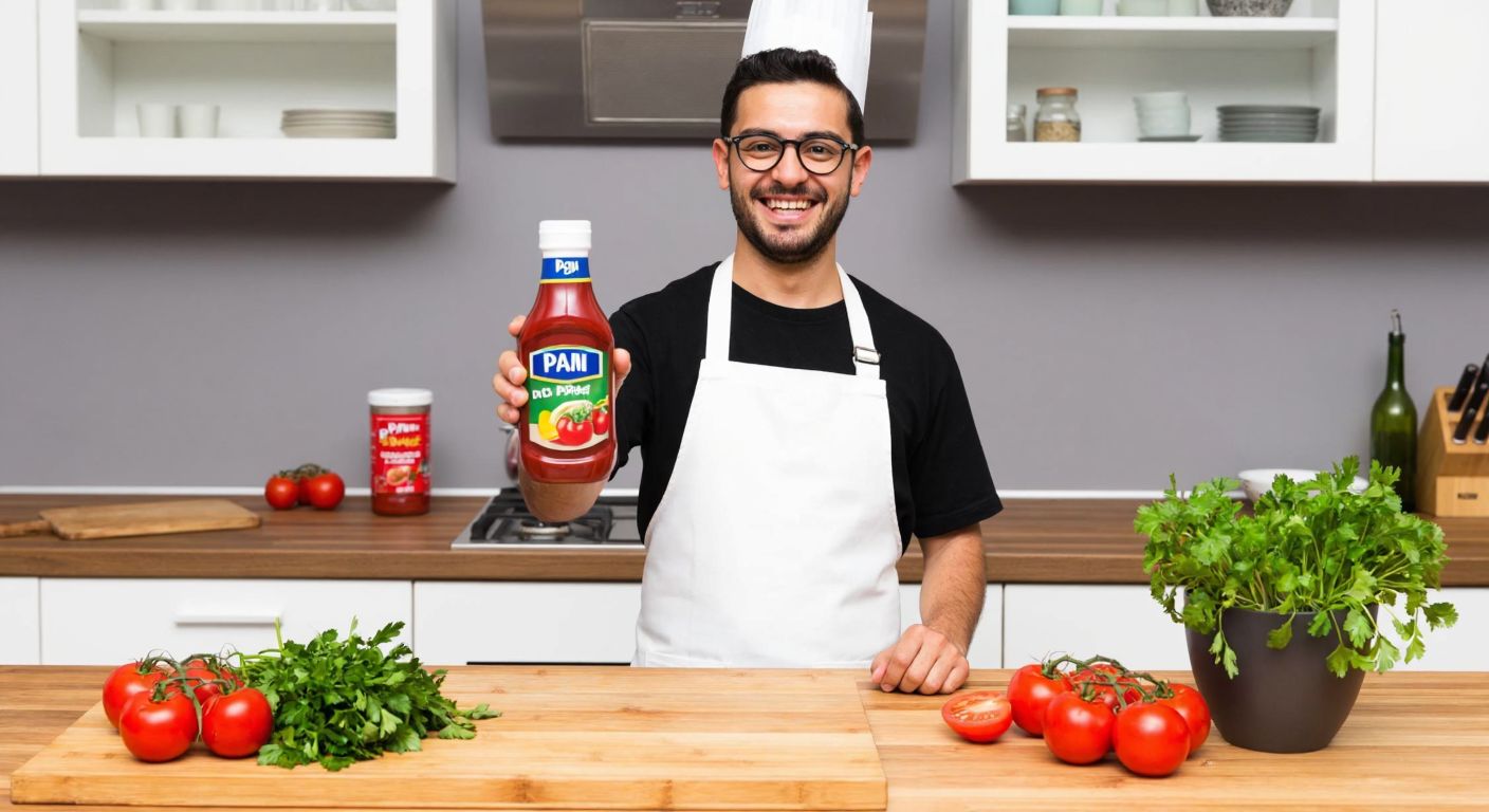A smiling Turkish chef in a white apron holds up a bottle of Dr. Pan ketchup with fresh tomatoes and herbs on a wooden kitchen counter.