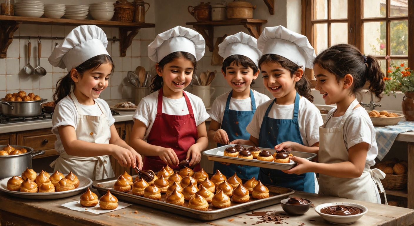 A group of cheerful Turkish children, aged 5 to 10, wearing aprons and chef hats, happily assembling profiteroles in a bright, cozy kitchen with trays of golden pastries and chocolate sauce.