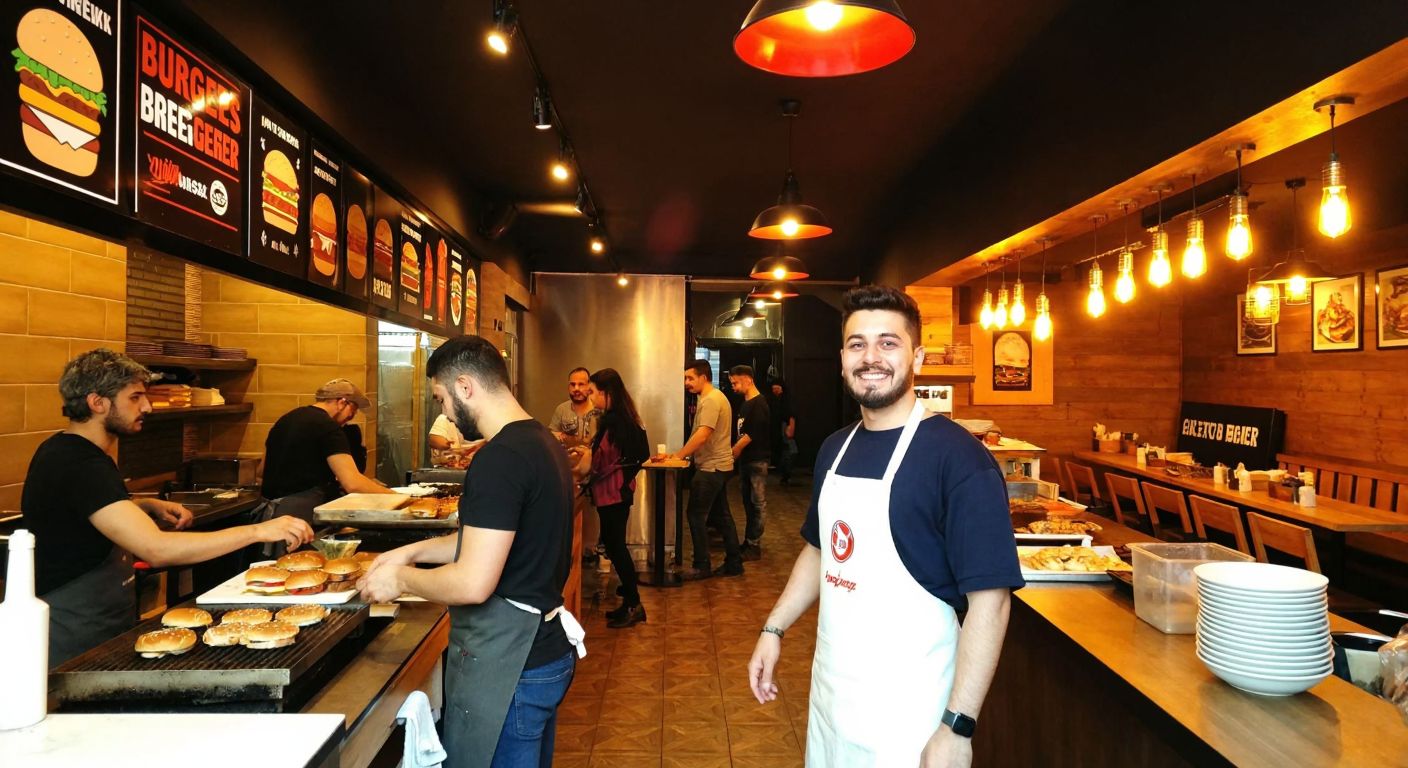 A bustling burger shop in Istanbul's Pendik district, with a warm-lit interior, sizzling grills, and a smiling chef in an apron serving juicy burgers to eager customers.