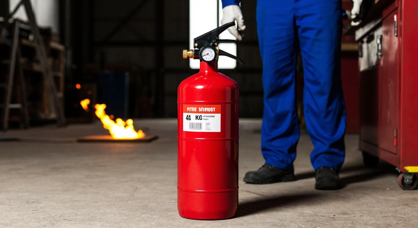 A bright red 4 kg fire extinguisher stands upright on a concrete floor in a dimly lit industrial workshop, with a worker in a blue jumpsuit and safety gloves inspecting it carefully while a small flame flickers in the background.