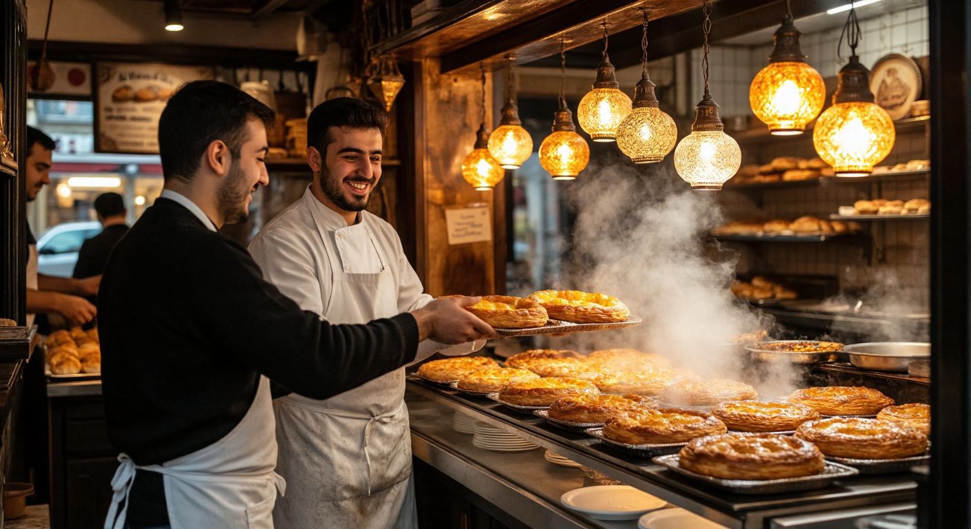A bustling Turkish bakery in Başiskele with golden-brown börek trays steaming in the display, a smiling baker in a white apron handing a crisp pastry to a eager customer, and the warm glow of hanging lanterns illuminating the cozy shop.