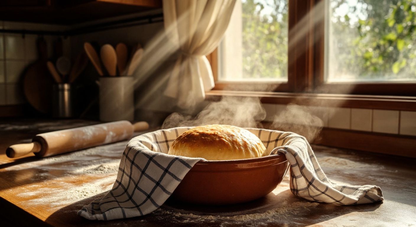 A warm, sunlit Turkish kitchen with a golden-brown burger bun dough rising in a ceramic bowl, covered with a checkered cloth, surrounded by flour-dusted countertops and a wooden rolling pin.