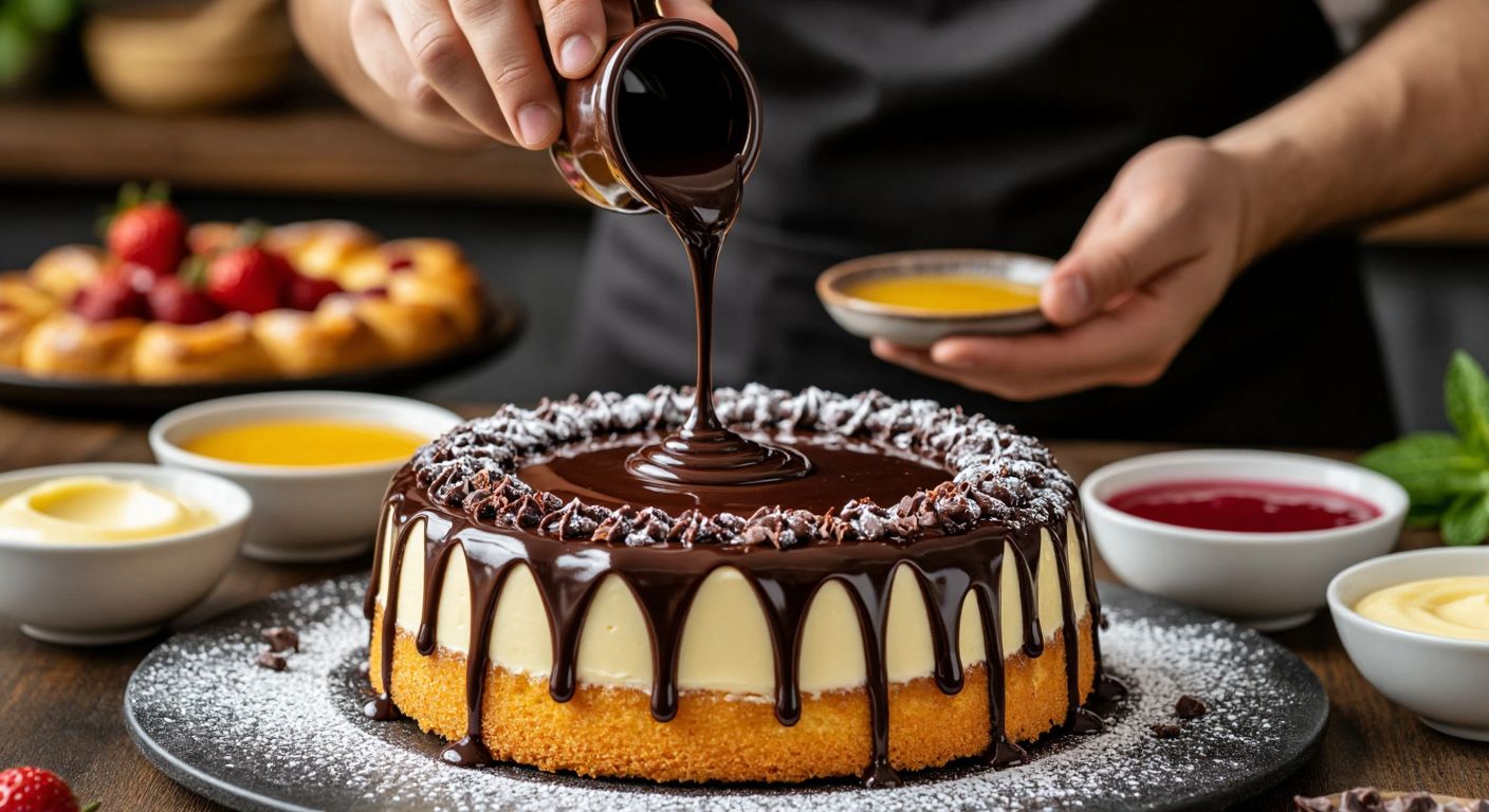 A vibrant Turkish pastry chef drizzling glossy chocolate sauce over a golden cake, surrounded by bowls of vanilla custard, fruit coulis, and powdered sugar glaze.