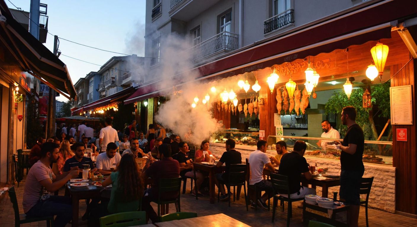A bustling street scene in Alanya with a small, lively liver restaurant (ciğerci) emitting savory smoke, surrounded by locals chatting and enjoying plates of sizzling liver, under the warm glow of hanging lanterns.
