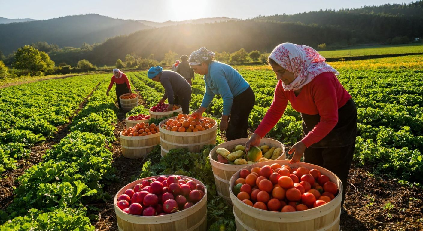 A sunlit field in Düzce with workers harvesting fresh organic produce, their faces glowing with pride, surrounded by baskets overflowing with vibrant fruits and vegetables.
