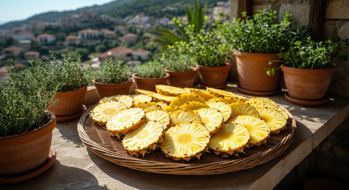 A sunlit Turkish terrace with slices of fresh pineapple laid out on a woven tray, drying under the bright afternoon sun, surrounded by terracotta pots of herbs.