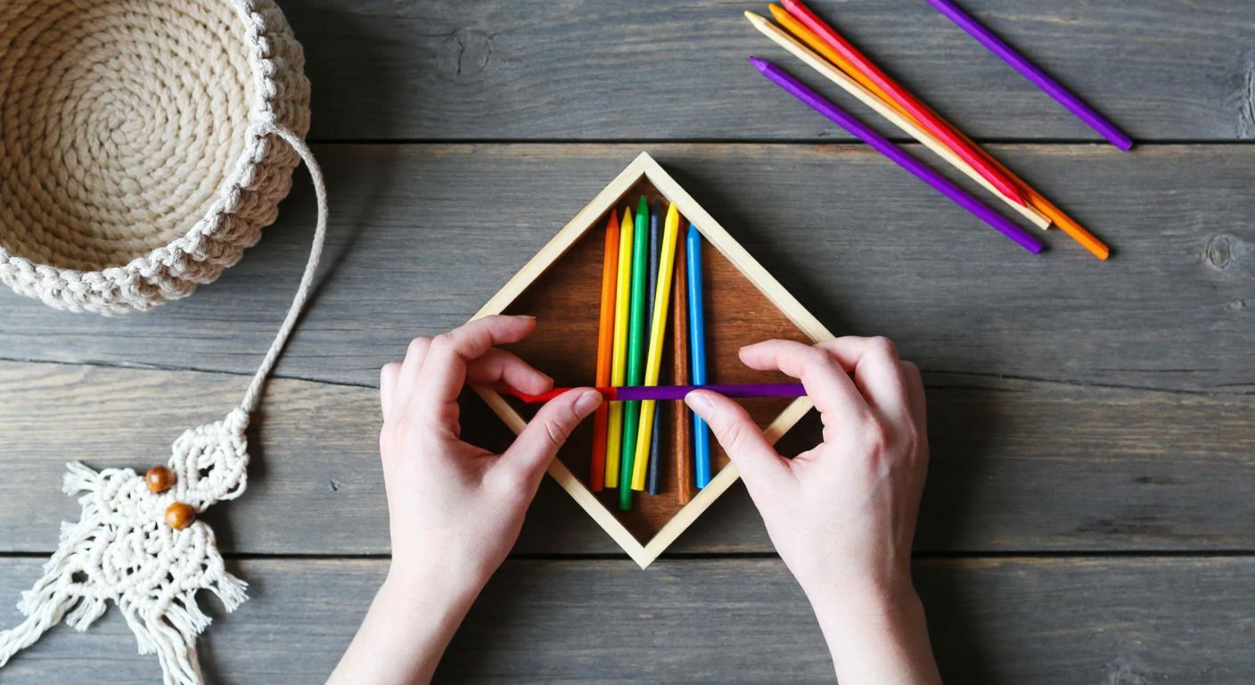 A pair of hands carefully arranging colorful wooden skewers into a geometric wall shelf, with a woven macramé basket and delicate lace motifs nearby on a rustic wooden table.