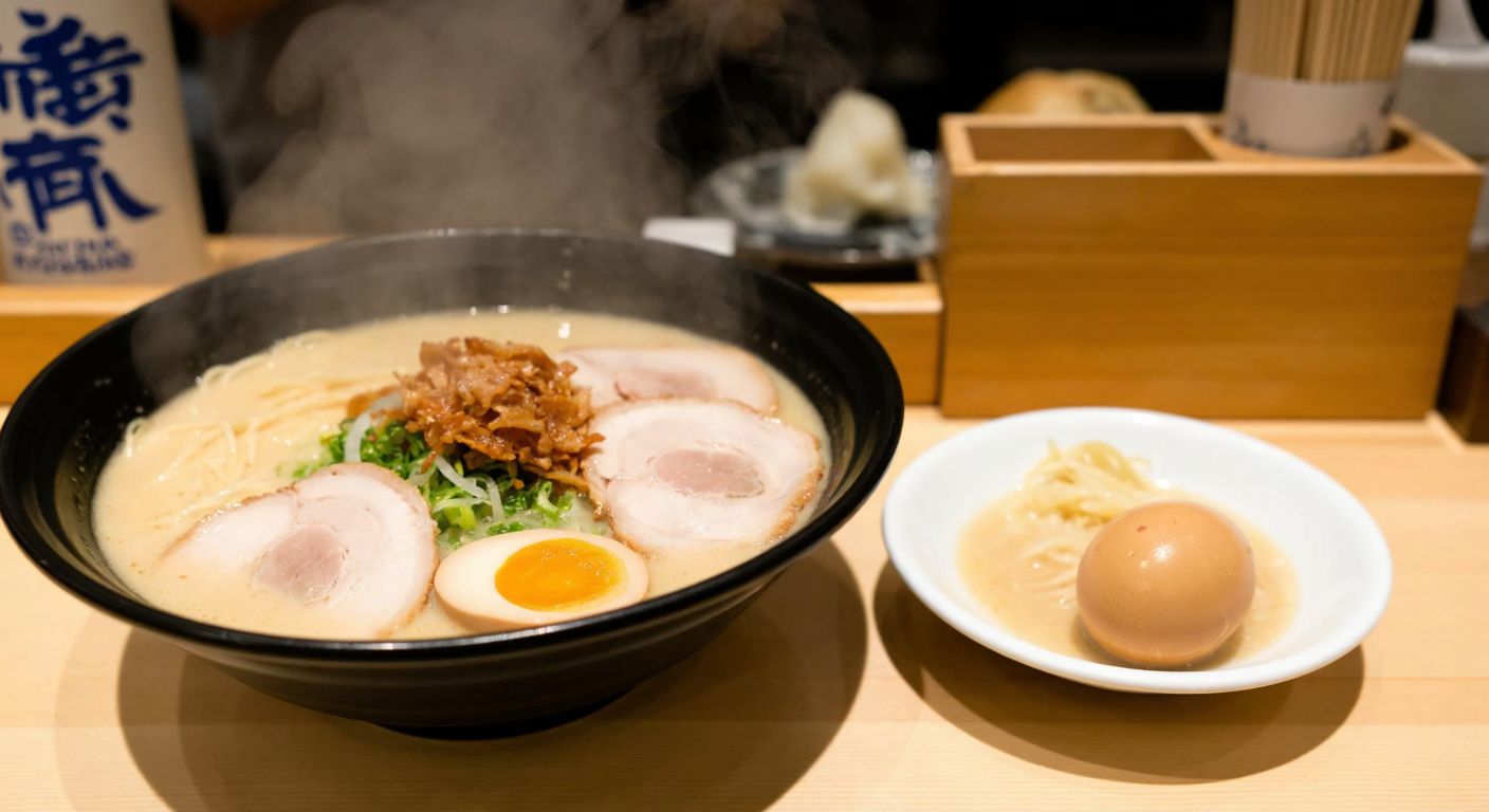 A steaming bowl of rich, creamy tonkotsu ramen with slices of tender pork, a swirl of aromatic maruya oil, and a soft-boiled egg, set on a wooden counter in a cozy Japanese ramen shop.