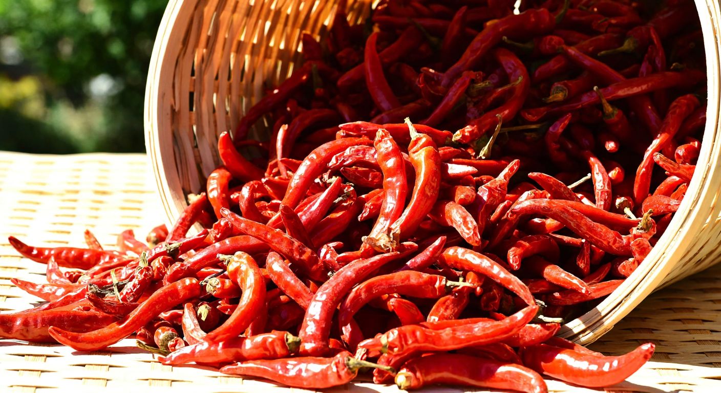 A vibrant pile of dried red Kapya peppers spilling out of a traditional Turkish woven basket, with warm sunlight highlighting their rich color and texture.