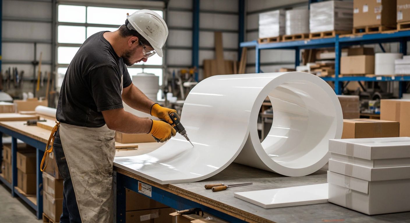 A craftsman in a workshop carefully shaping a glossy white PVC sheet into a cylindrical box using heat and precise tools, with neatly stacked finished boxes nearby.