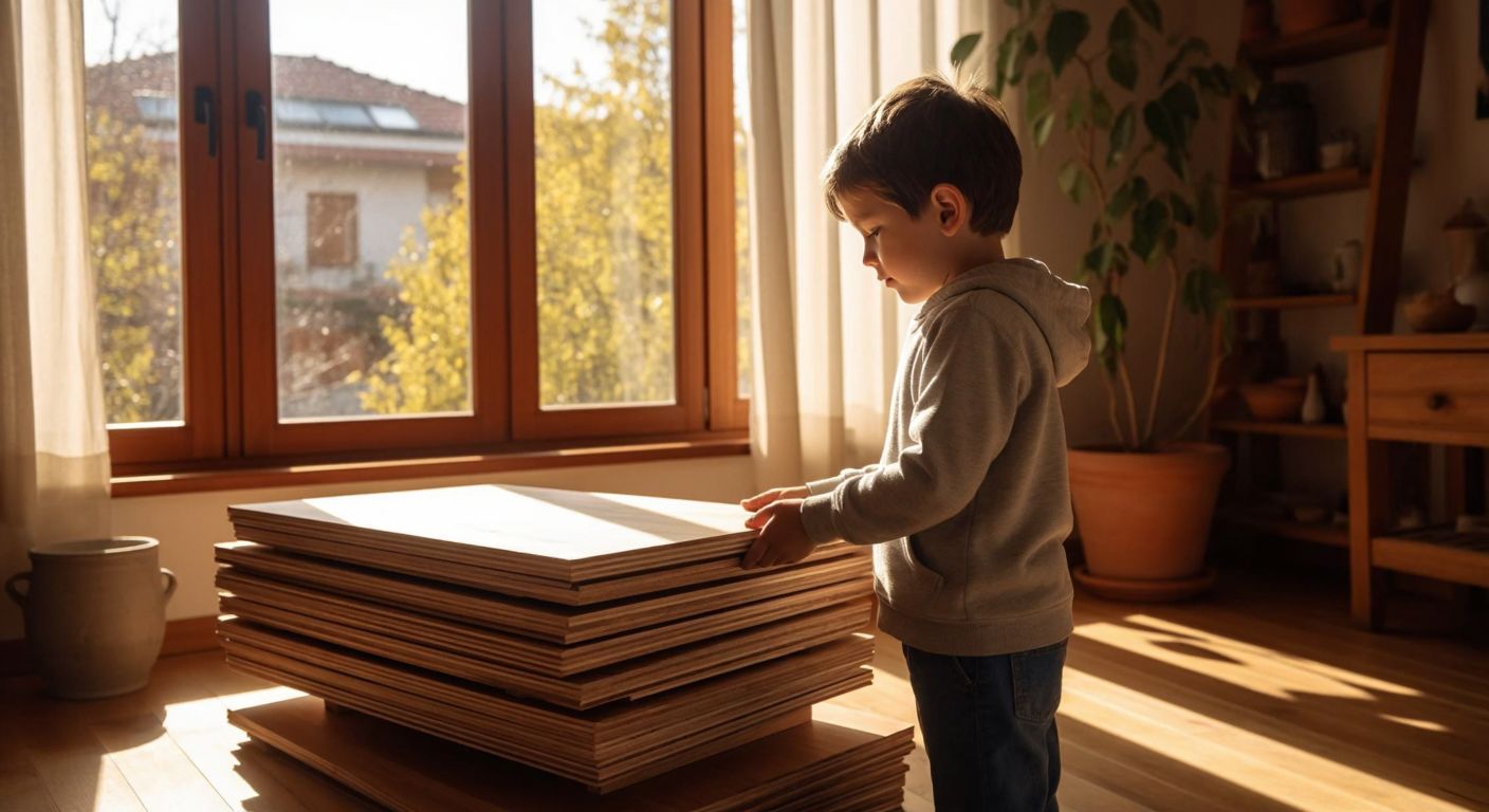 A young boy in a cozy Turkish home holds a stack of retro walnut wood paneling, looking curiously at the neatly arranged planks while sunlight streams through a window onto warm wooden floors.