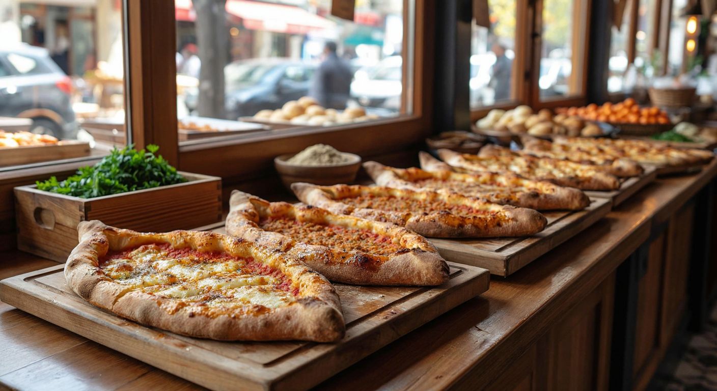 A warm, bustling pide salon in Turkey with golden, crispy pides fresh from the oven, served on wooden trays amid the aroma of baked dough and spices.