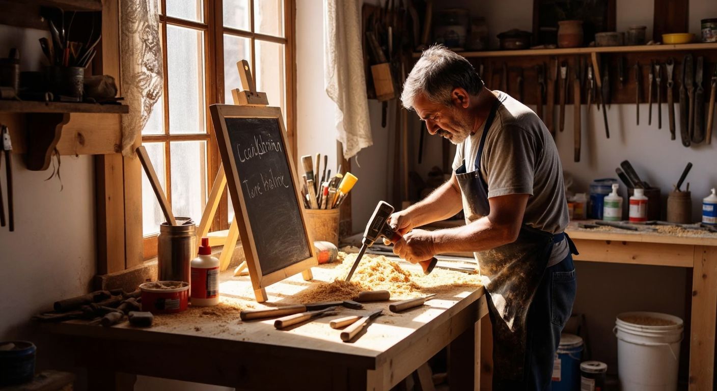 A Turkish craftsman in a sunlit workshop carefully assembling a wooden chalkboard frame with tools like a hammer and drill, surrounded by sawdust and paint cans.