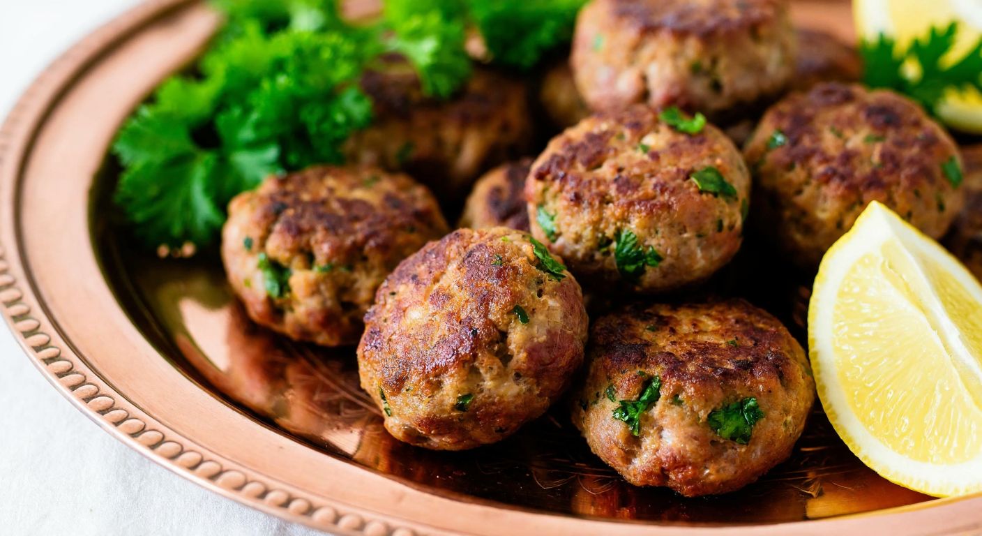 A close-up of sizzling, golden-brown meatballs made from lean ground beef, resting on a traditional Turkish copper plate with fresh parsley and lemon wedges beside them.