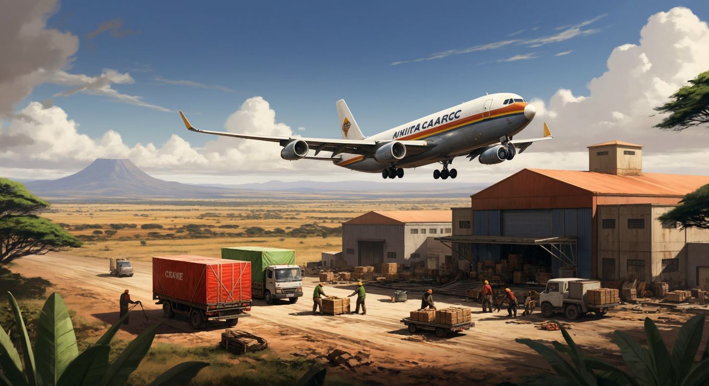 A cargo plane with the Imperial Cargo logo flies over the vast savannah of South Africa, with workers loading crates onto a truck near a warehouse.