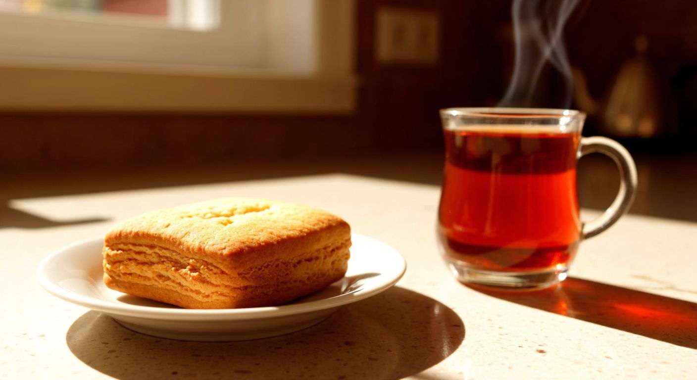 A single golden-brown Ülker Altınbaşak Light biscuit rests on a small plate beside a steaming cup of Turkish tea, with a warm, sunlit kitchen counter in the background.