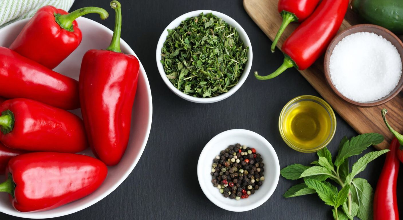 A vibrant Turkish kitchen countertop with fresh red Kapya peppers, a bowl of chopped herbs (mint, thyme, and red pepper flakes), and a small dish of olive oil, salt, and black pepper, evoking the aroma of a traditional salad preparation.