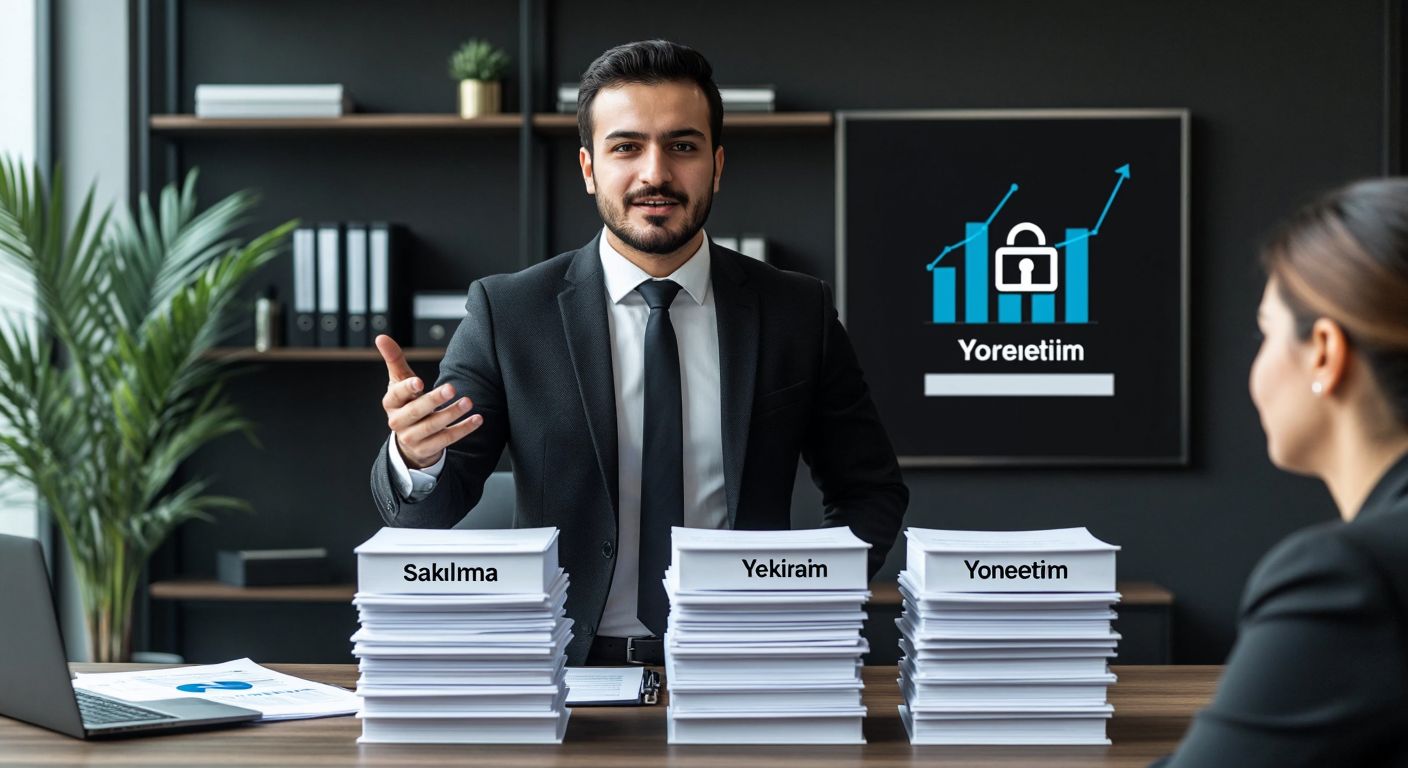 A professional Turkish financial advisor in a sleek office gestures confidently toward two distinct stacks of documents—one labeled "Saklama" (storage) with a secure vault icon, the other "Yönetim" (management) with a growth chart—while a client listens attentively.