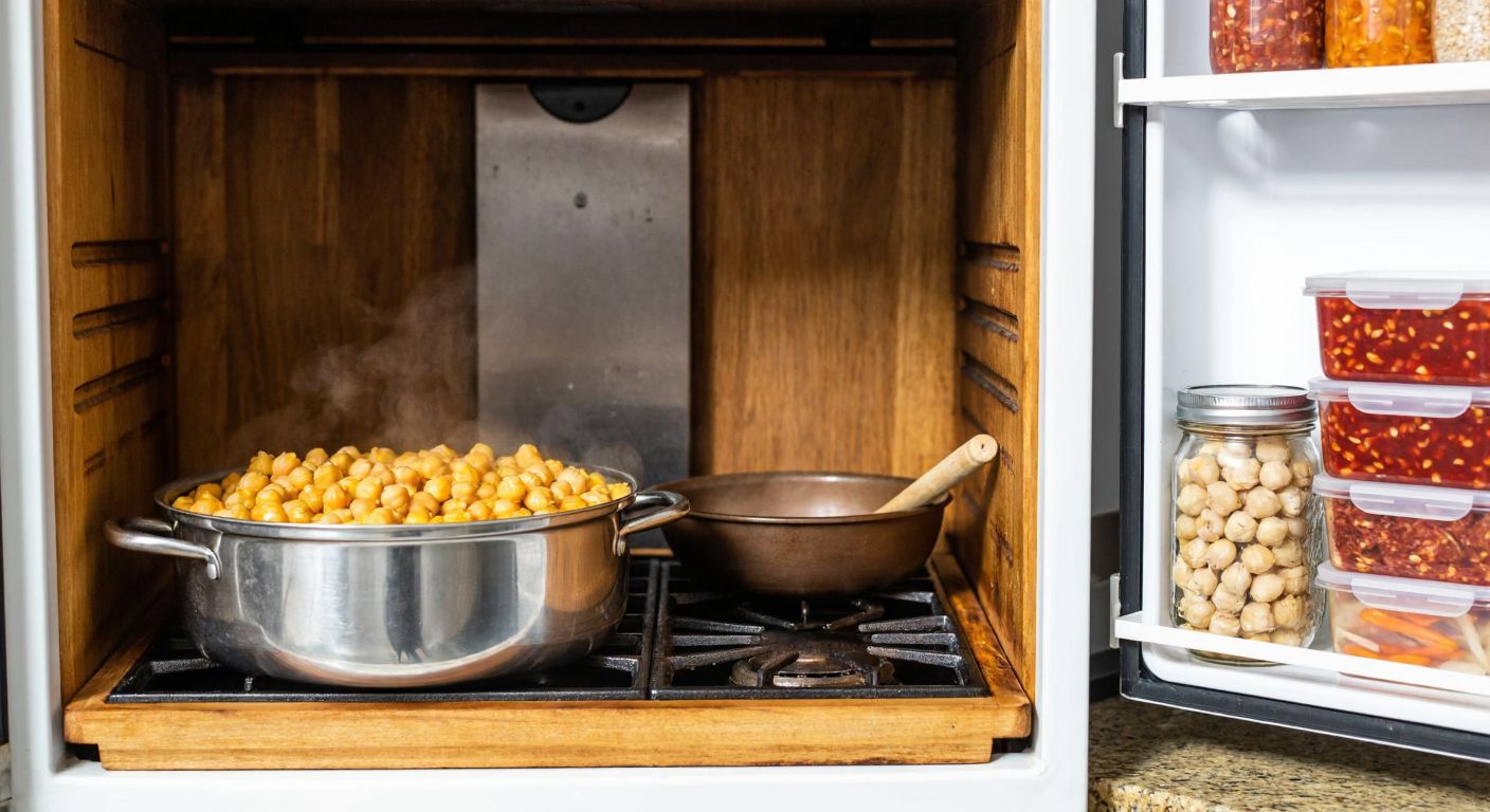 A rustic Turkish kitchen with a steaming pot of boiled chickpeas cooling on a wooden counter, next to an open freezer filled with neatly stacked containers of food, and a glass jar of dried chickpeas on a shaded pantry shelf.