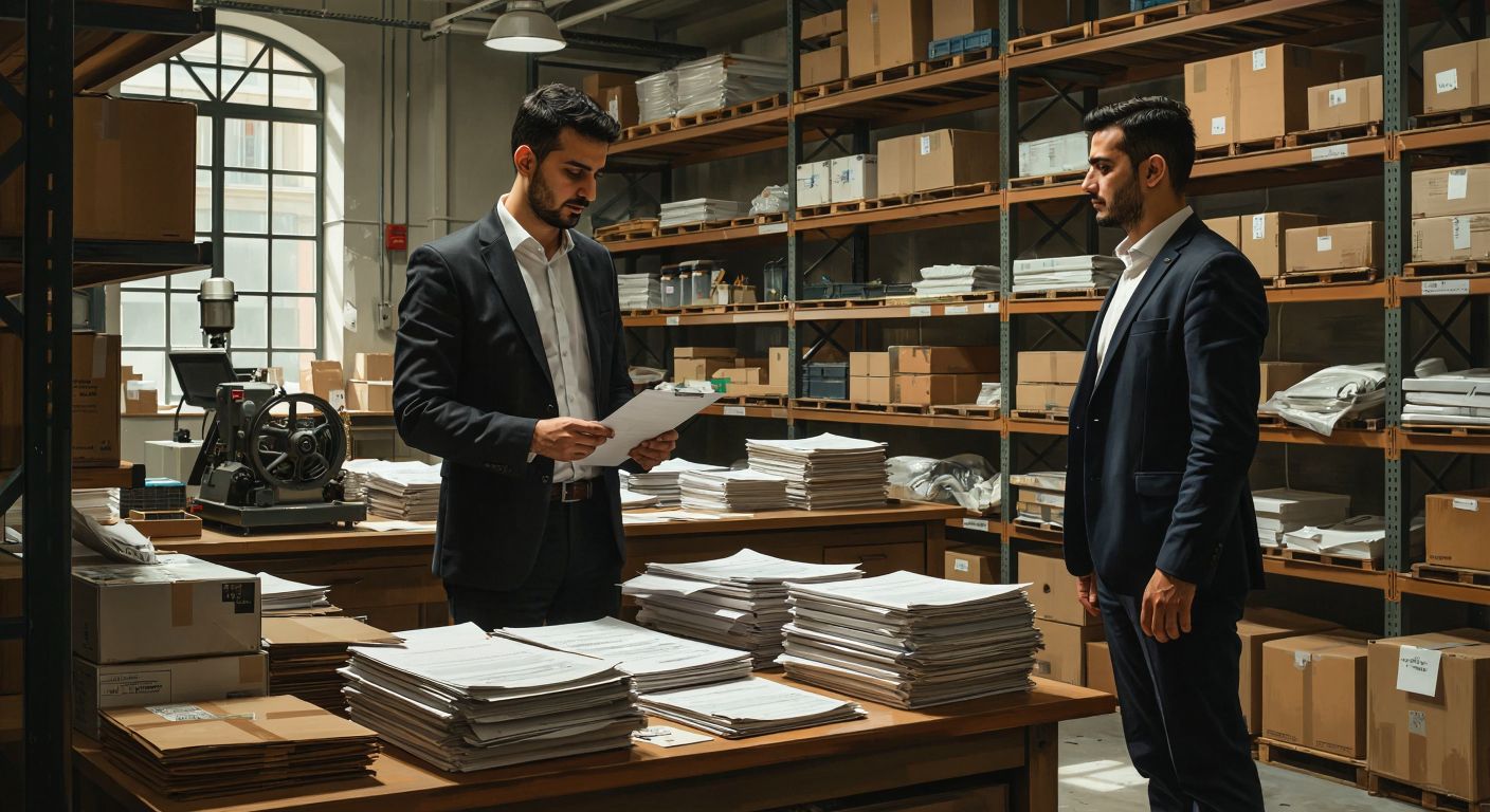 A Turkish accountant in a well-lit office carefully organizes stacks of inventory documents while a businessman in a suit watches attentively, with shelves of goods and machinery visible in the background.