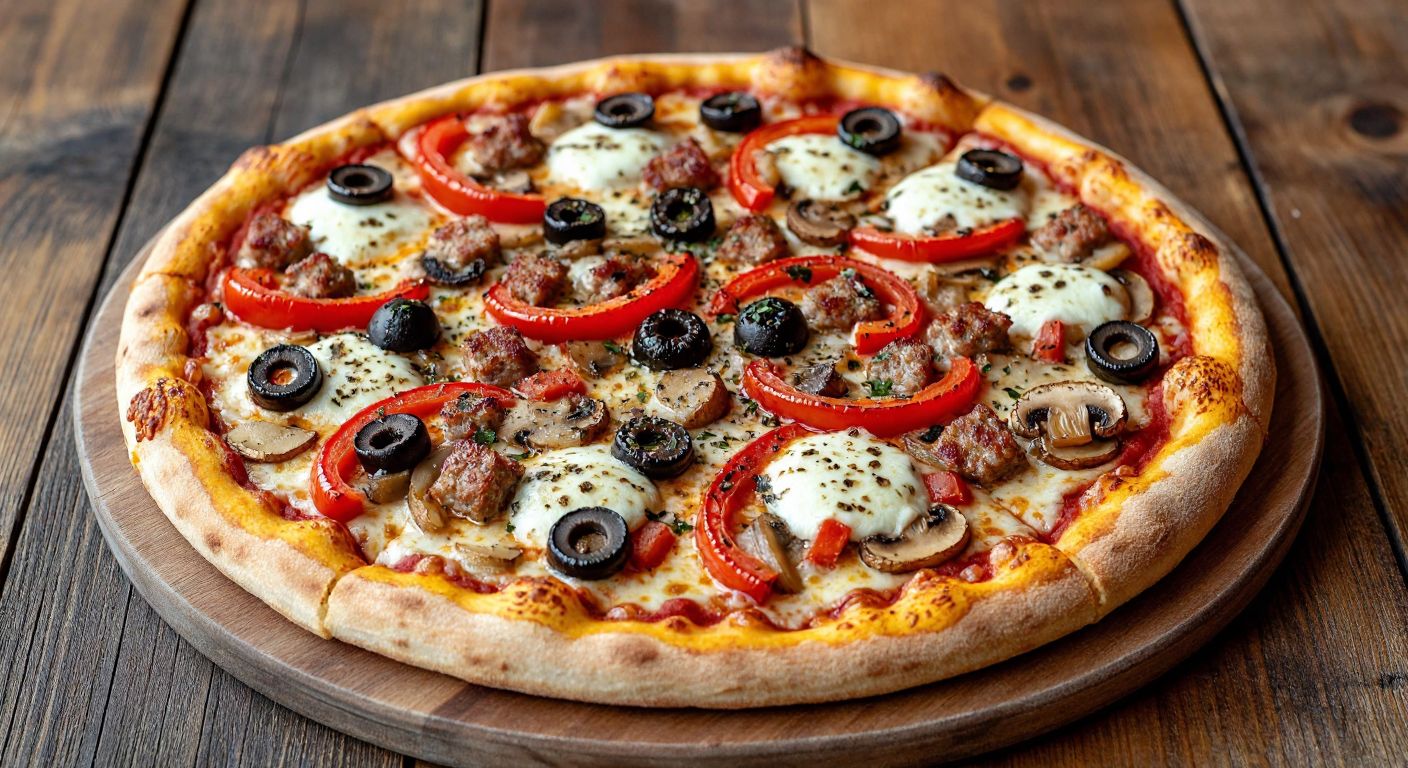 A golden, freshly baked pizza topped with melted mozzarella and white cheese, roasted red peppers, black olives, diced sausage, and mushrooms, drizzled with creamy Caesar dressing, placed on a rustic wooden table.
