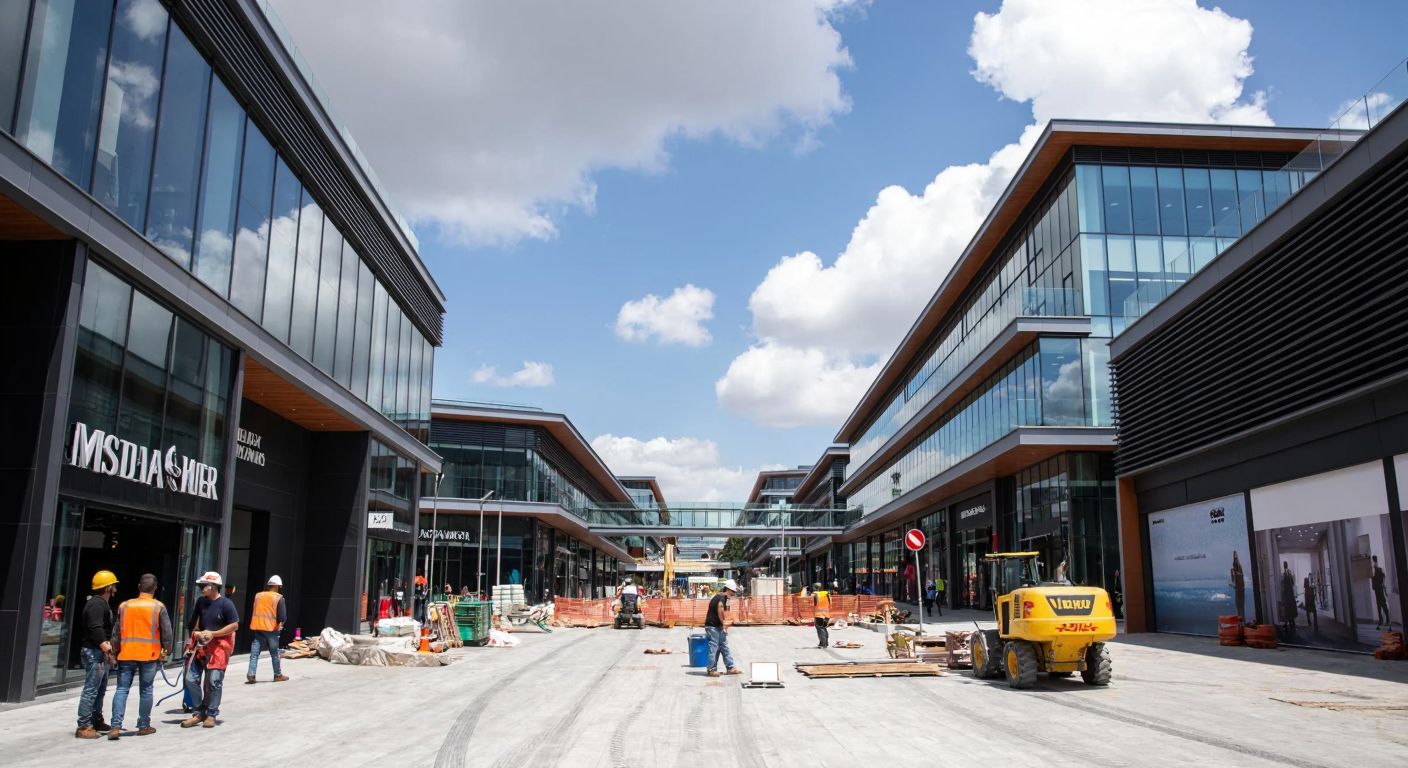 A modern shopping mall in Istanbul's Maslak district, with sleek glass facades and bustling construction workers, under a partly cloudy sky, conveying anticipation and slight frustration over delays.