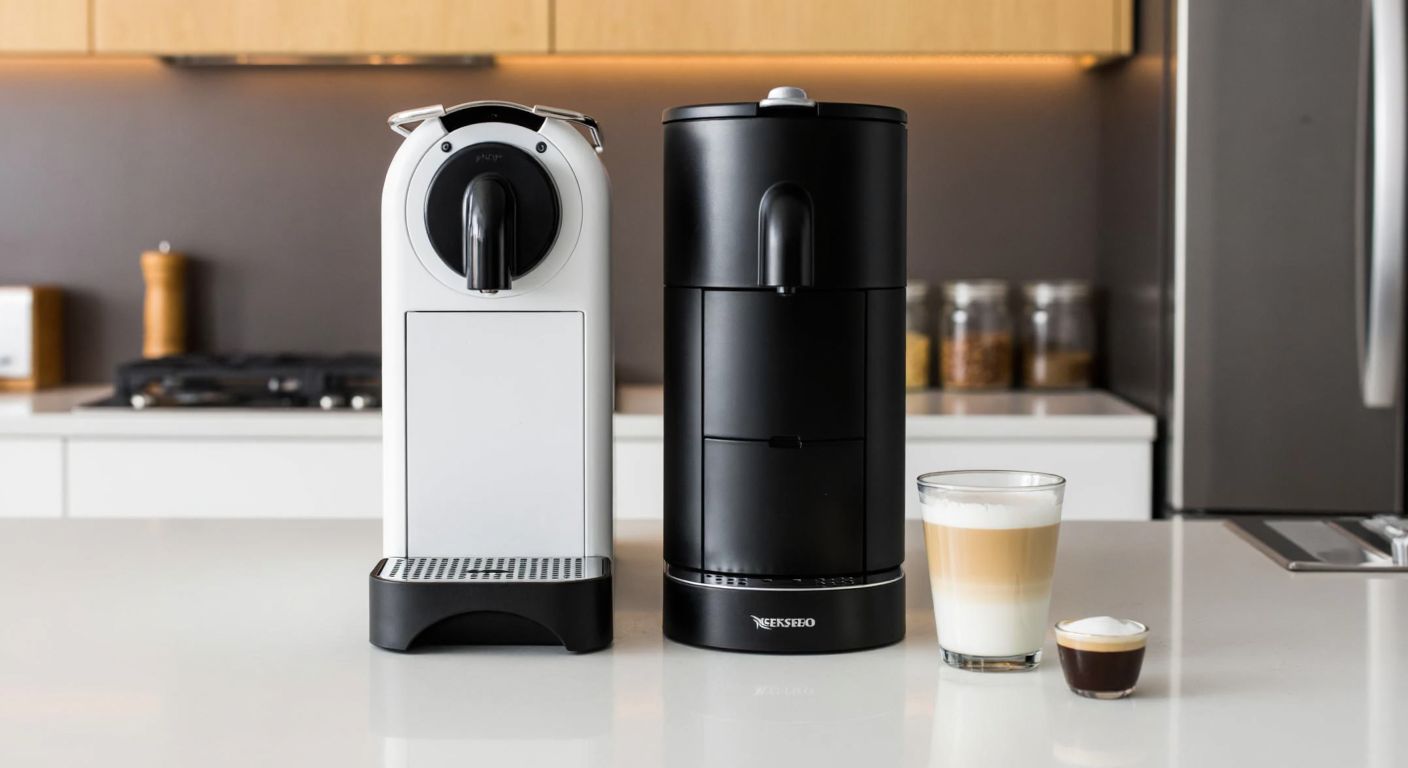 A sleek white Nespresso F121 machine sits beside a larger black F541 model on a modern kitchen counter, with a glass of creamy latte and a small espresso cup highlighting their differences in capacity and design.