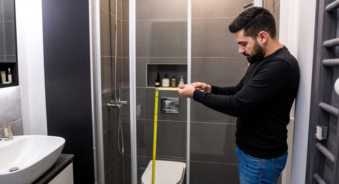 A focused Turkish man in a modern bathroom, carefully measuring the dimensions of a shower cabin with a tape measure, while considering the placement of a sink and toilet nearby.