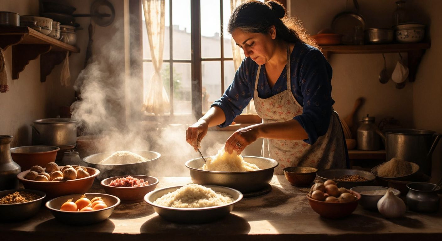 A Turkish woman in a sunlit kitchen kneads bulgur dough with her hands, surrounded by bowls of ground meat, onions, and walnuts, while steam rises from a pot of boiling water nearby.