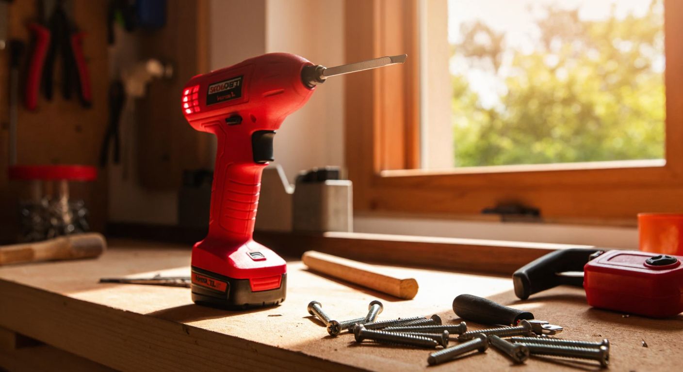 A compact red electric screwdriver with a foldable handle sits on a wooden workbench in a Turkish home workshop, surrounded by scattered screws and small tools, with warm sunlight streaming through a nearby window.