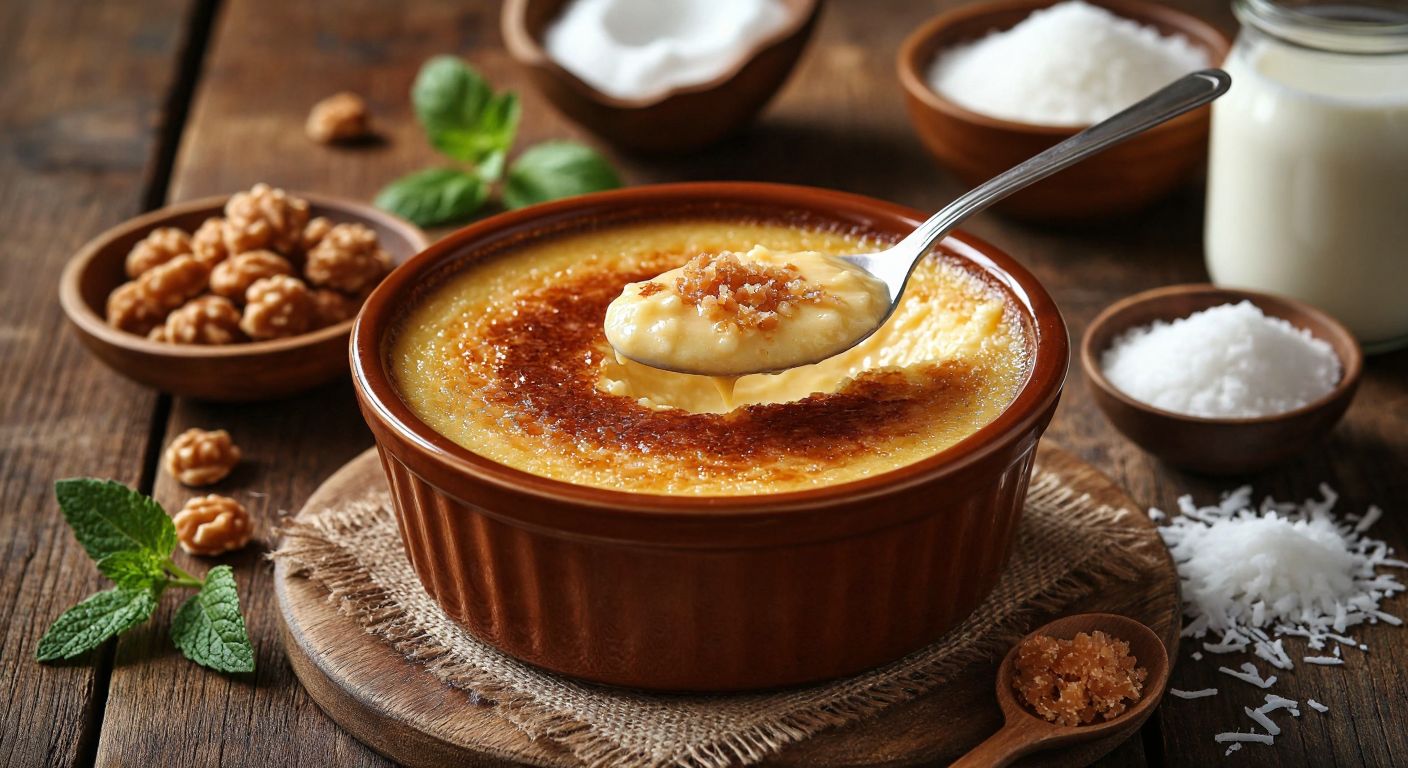 A warm, golden-brown bowl of creamy **şokella** sits on a rustic wooden table, surrounded by fresh ingredients like milk, sugar, praline, and shredded coconut, with a spoon dipping in to reveal its smooth texture.