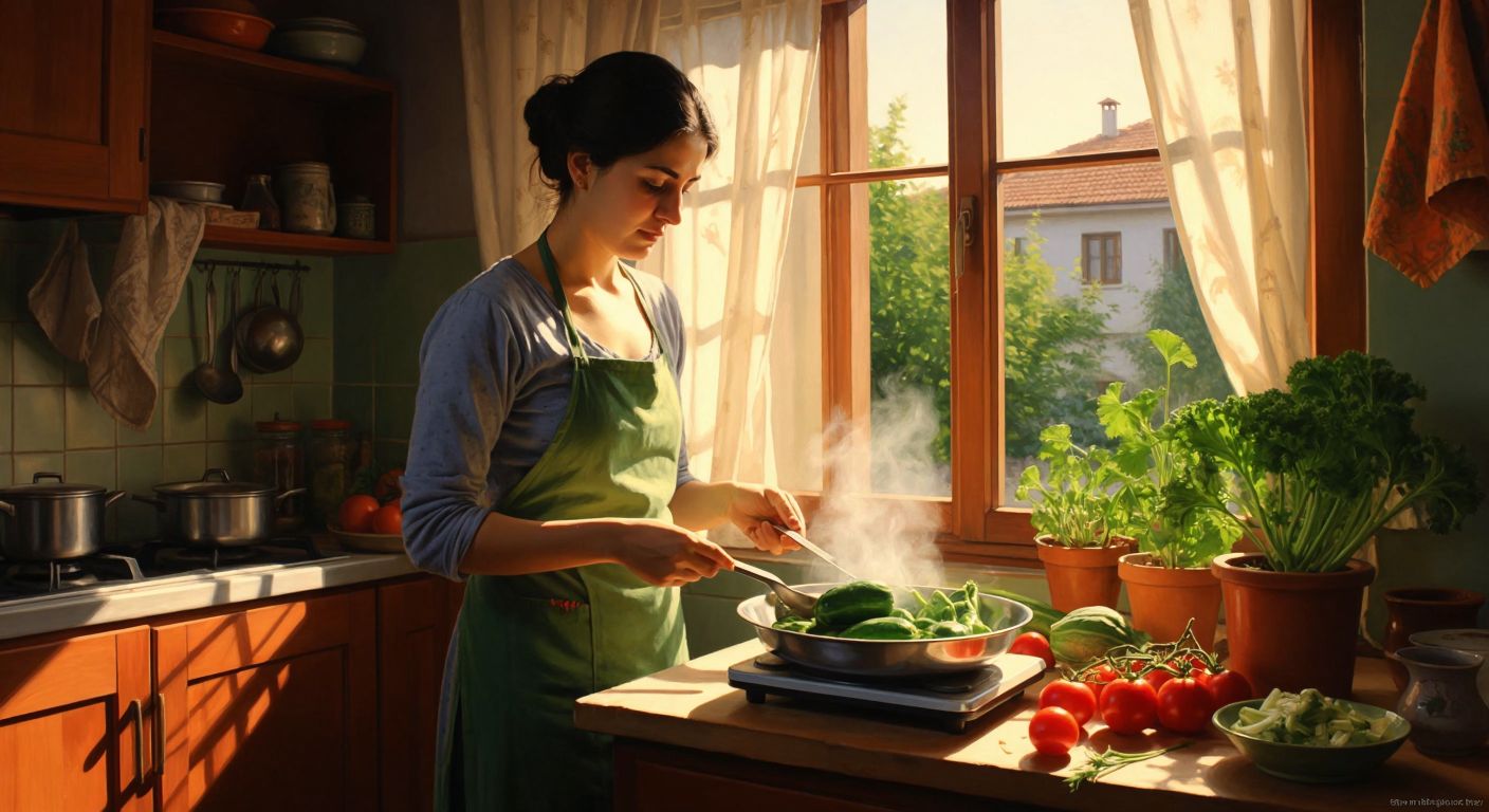 A Turkish woman in a kitchen thoughtfully weighing fresh vegetables on a scale while a steaming bowl of lentil soup sits nearby, with sunlight streaming through the window.
