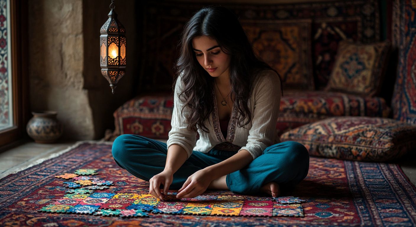 A Turkish woman with dark hair and warm brown eyes sits cross-legged on a traditional woven carpet, carefully assembling colorful puzzle pieces with intricate carpet-like patterns under the soft glow of a hanging lantern.